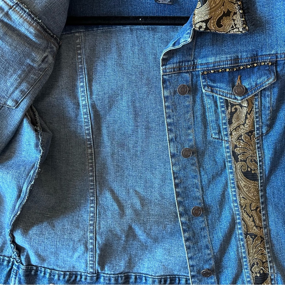 Blue Jean Brocade Jacket Rhinestone Bling Fall Jacket Versace Boho Medium - Picture 14 of 16